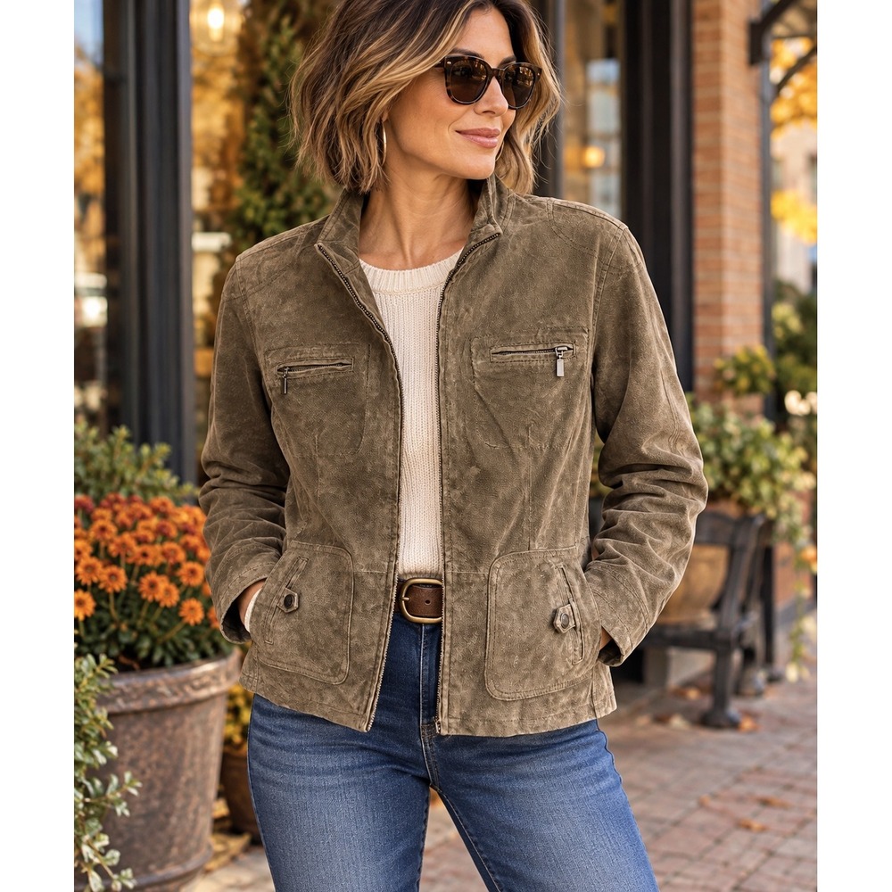 Ruff Hewn XL Genuine Leather Jacket Distressed Utility Moto Y2K Olive Brown